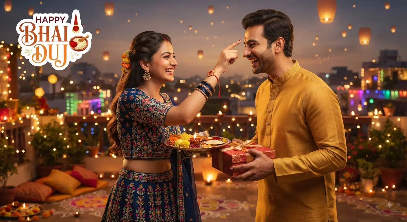 brother and sister on terrace celebrating Bhai Duj